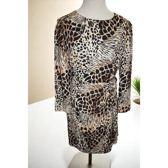 Vintage David Warren Animal Print Drape Dress Size 8 – Safari Glam Shoulder Pad - Picture 1 of 8
